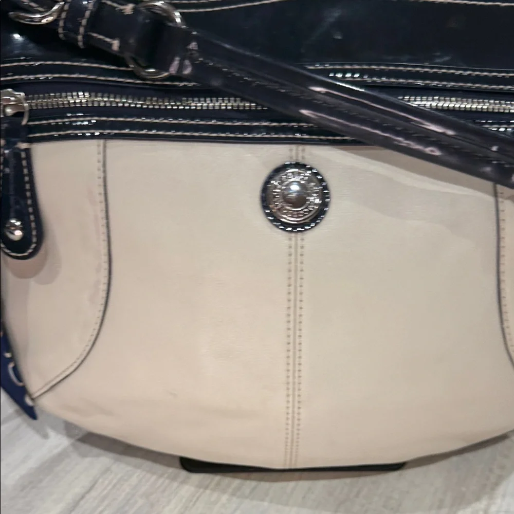 Coach Beige and Patent Dark Navy Shoulder Bag